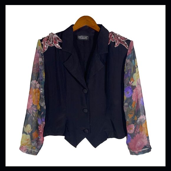 Vintage Wrapper USA Pink Sequin Shoulder Floral Sleeve Blazer Black Sheer 80s - Picture 1 of 10